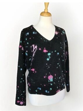 27 Miles Malibu Black Cashmere V-Neck Splatter Print Sweater